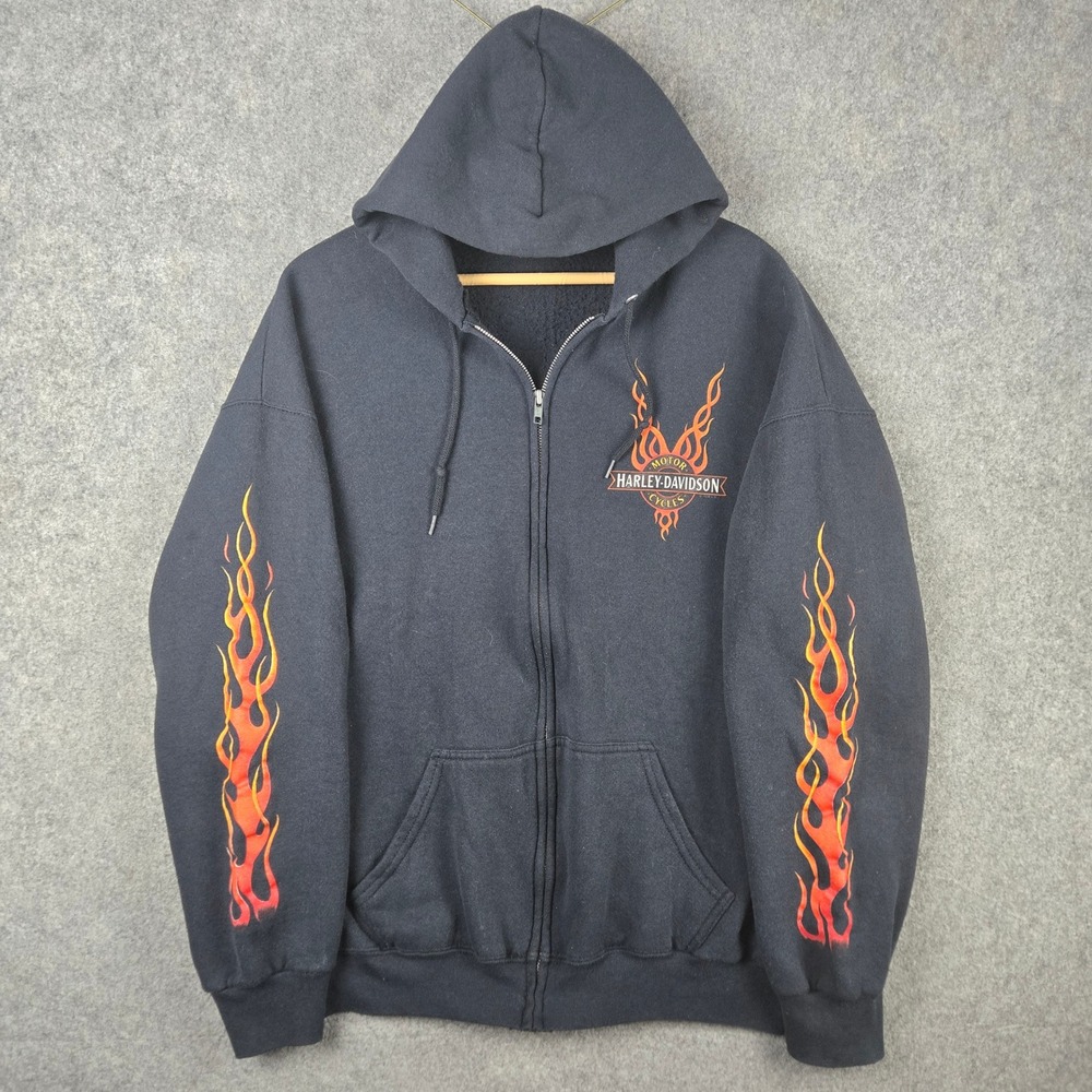 Vtg 90s Harley Davidson Flame Sleeve Zip Hoodie Mens XL Faded Black Arizona